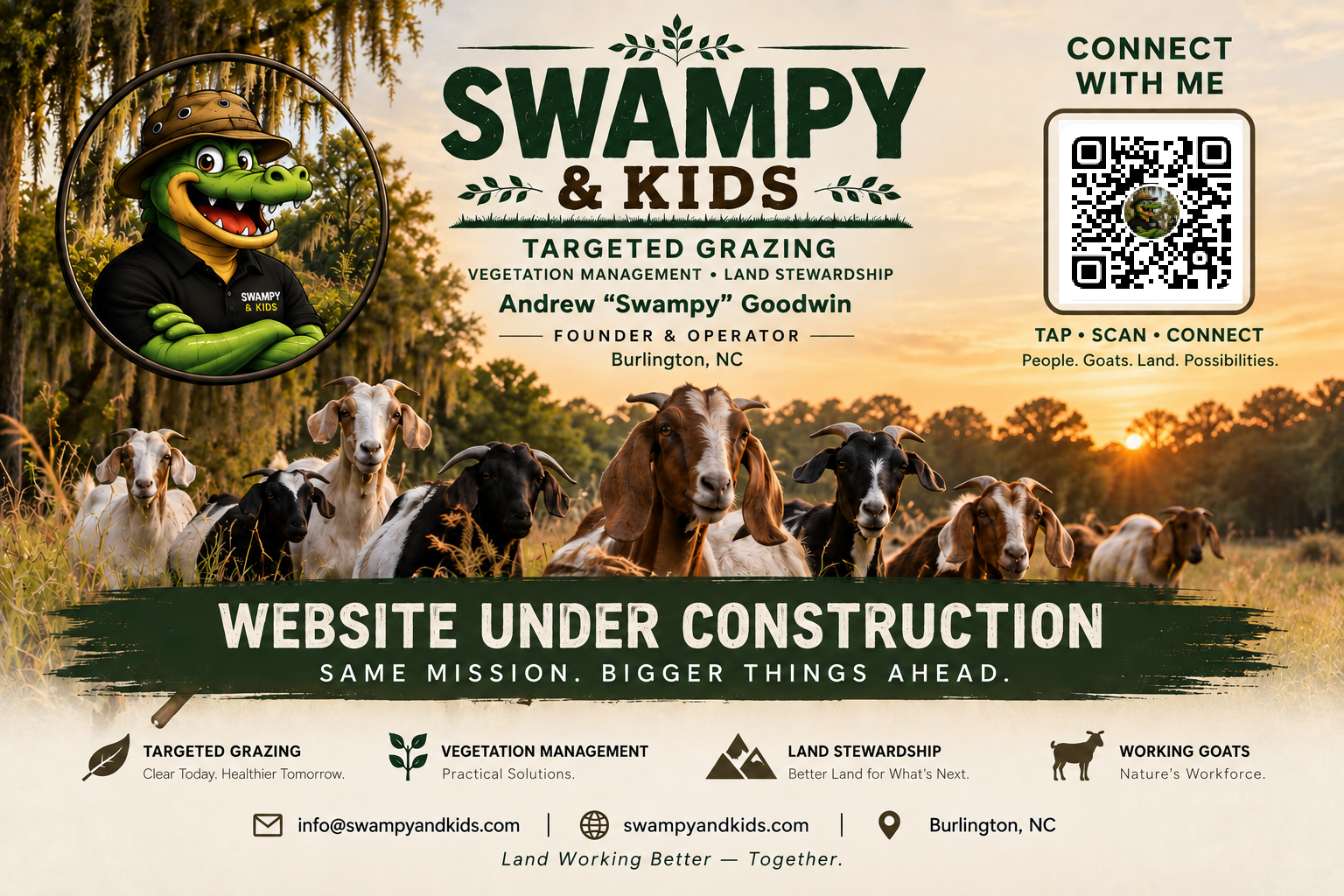 Swampy & Kids — website under construction. Targeted grazing, vegetation management, land stewardship, and working goats.